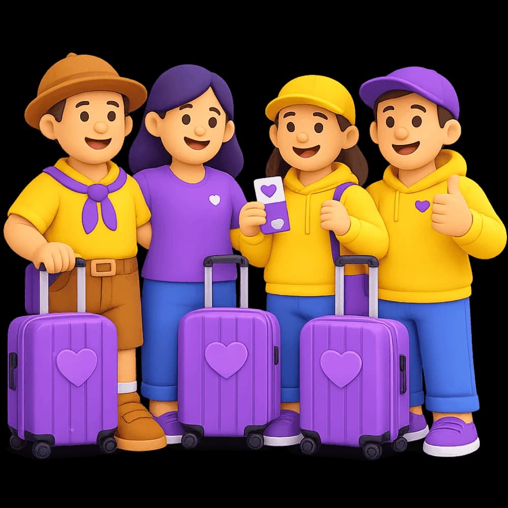 Ilustración de cuatro personas con valijas listas para viajar, el premio de la campaña de $10.000: un crucero por Brasil para cuatro
